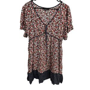 Suzanne Betro Floral Print Boho Tunic Dress Sz 2X Short Sleeves Ruffled Hem
